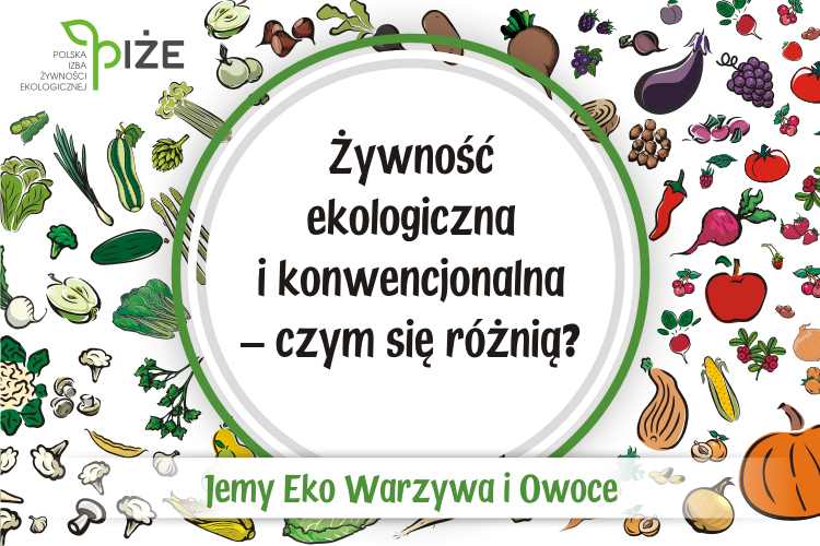 Grafika z napisem: Żywność ekologiczna i konwencjonalna - czym się różnią?
